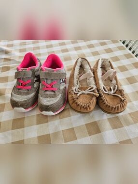 Saucony Kids Sneakers with Hot Pink Accents And Tan Paw Patrol Slippers